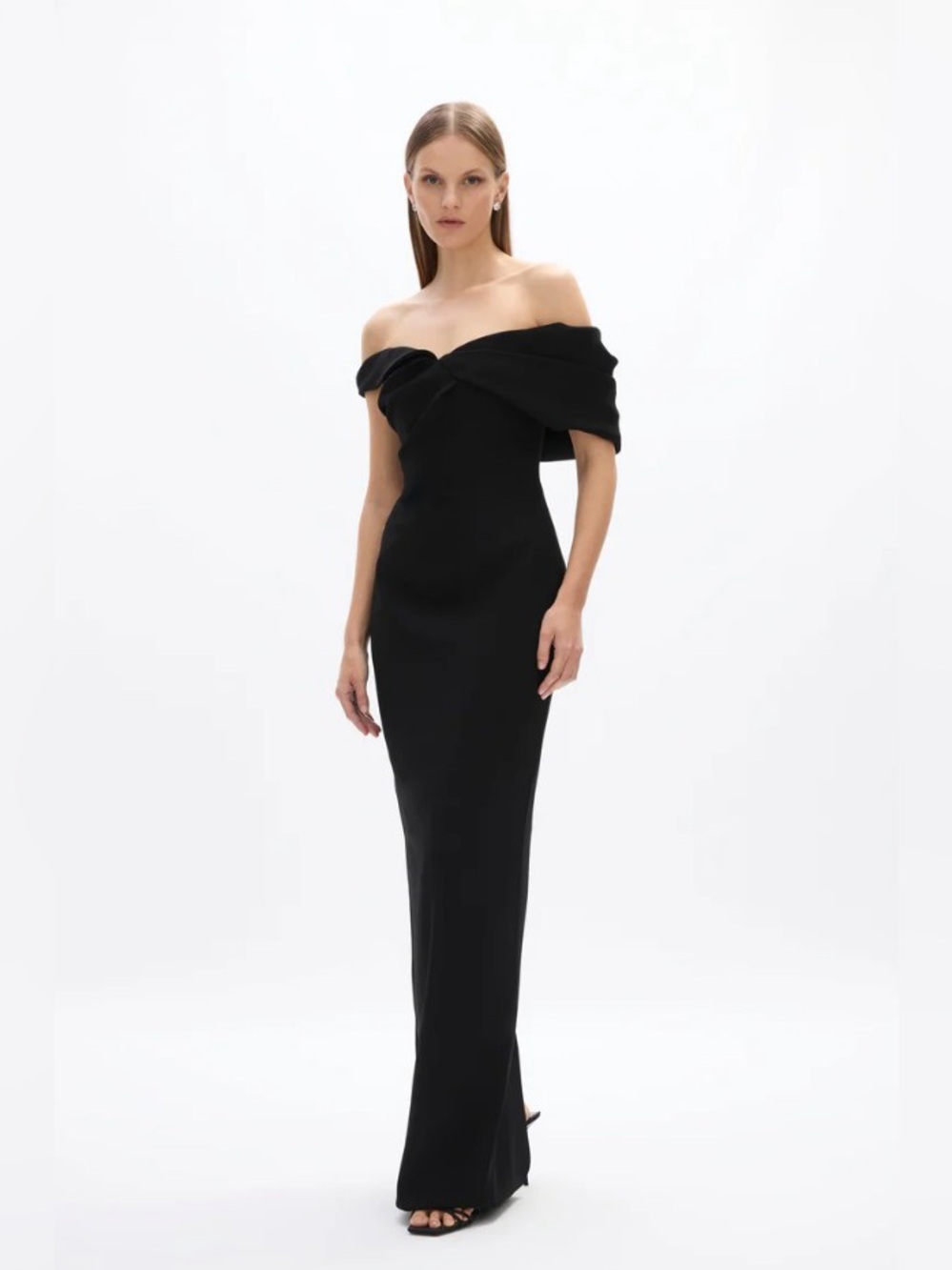 Rachel Gilbert Mattie Black Bardot Off-the-shoulder Column Gown AU1/US4 NWT